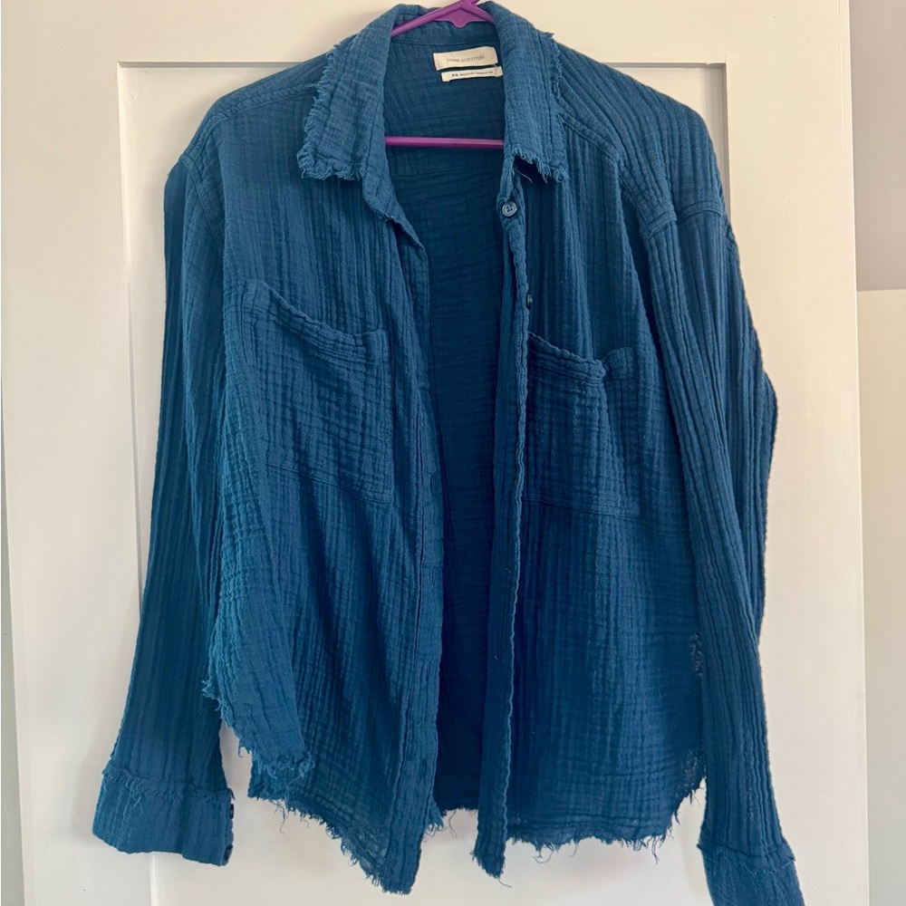 Urban Outfitters Blue Raw Hem Gauzy Gauze Button Down Shirt